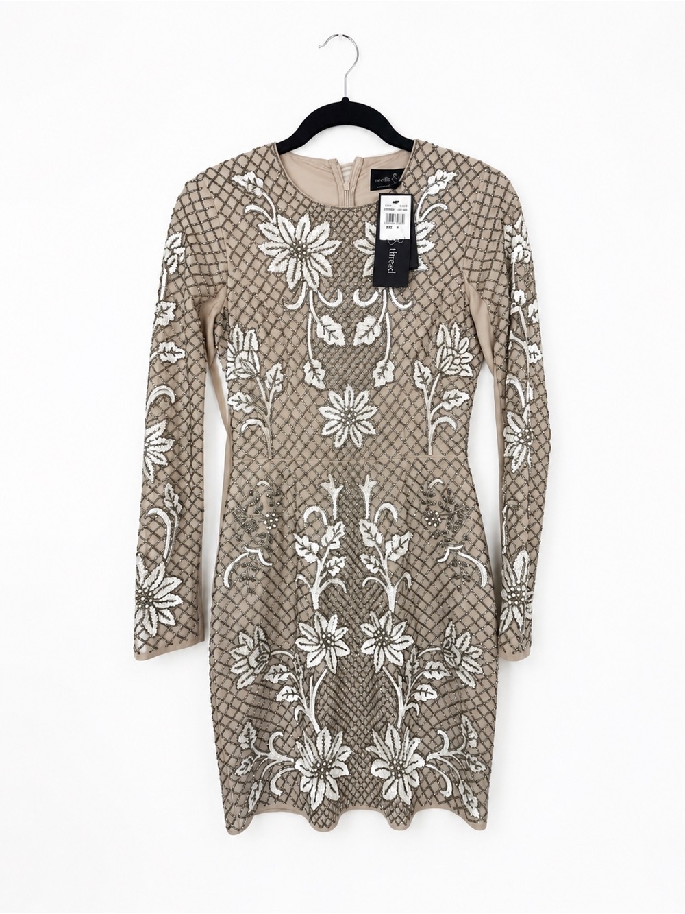 Needle & Thread Taupe Mini Dress with White Floral Beading